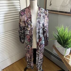 LOFT Kimono Womens XS/S Pink Black Open Bohemian Print Festival Resort Beach